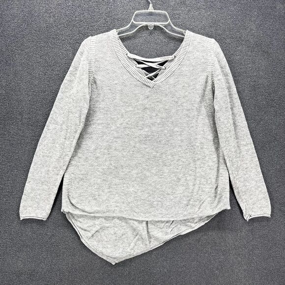 Democracy Sweater Womens Small Gray Knit Top Asymmetric back Lace up V neck - Picture 1 of 13